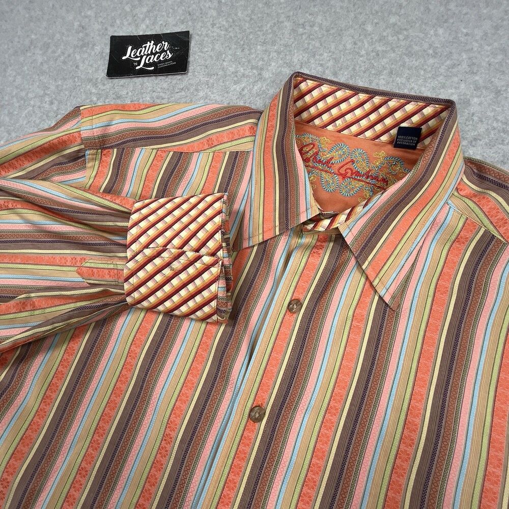 Robert Graham Shirt Mens Large Orange Pink Stripe Flip Cuff Collar Long Sleeve